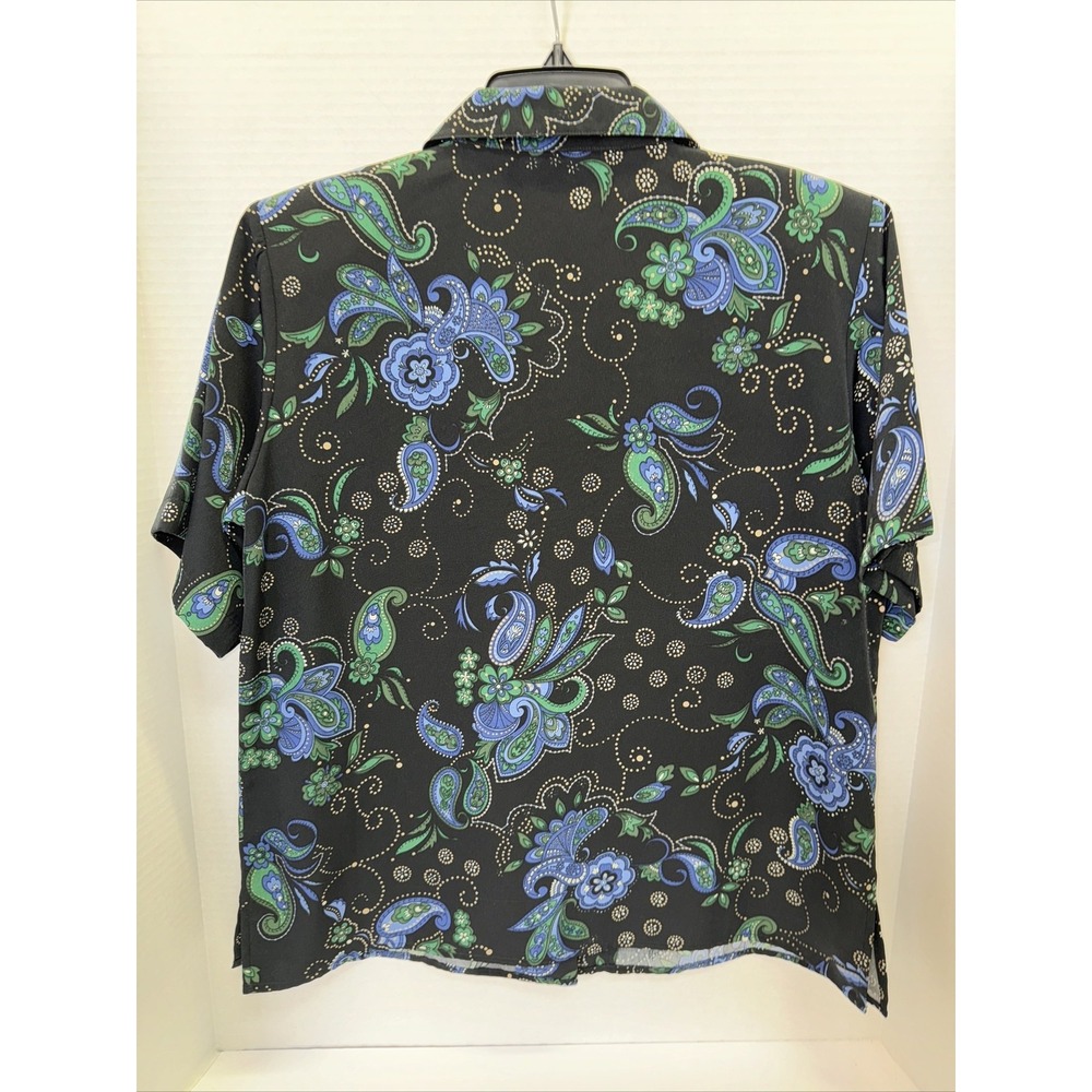 Bon Worth BlouseWomen's Size XSM Petite Black/Blue Floral Short Sleeve Button Up - Picture 3 of 4